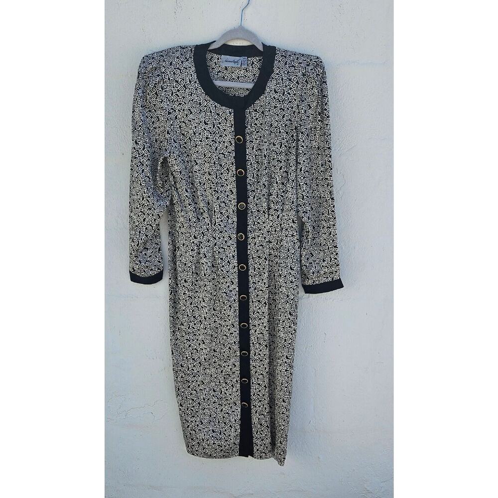 Vintage Adrianna Papell Dress‎ Womens Size 12 Black White Silk Button Front Midi